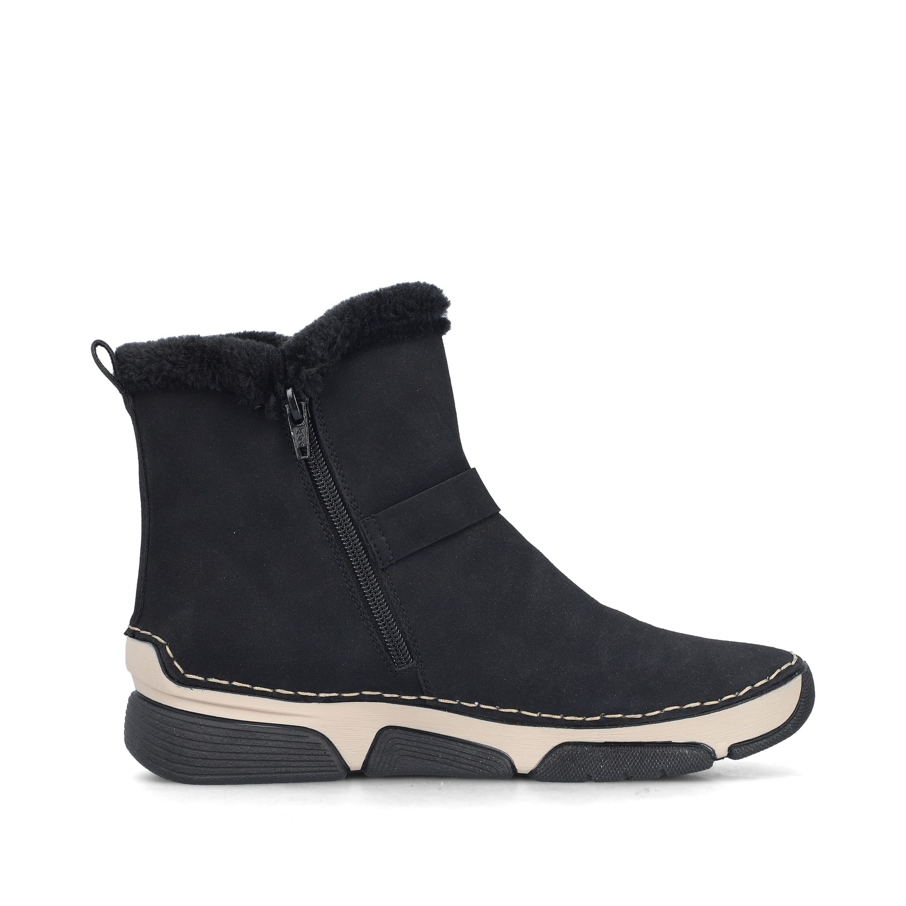 Schwarze Rieker Damen Kurzstiefel 45966-01 mit trendiger Schnalle. Schuh Innenseite.