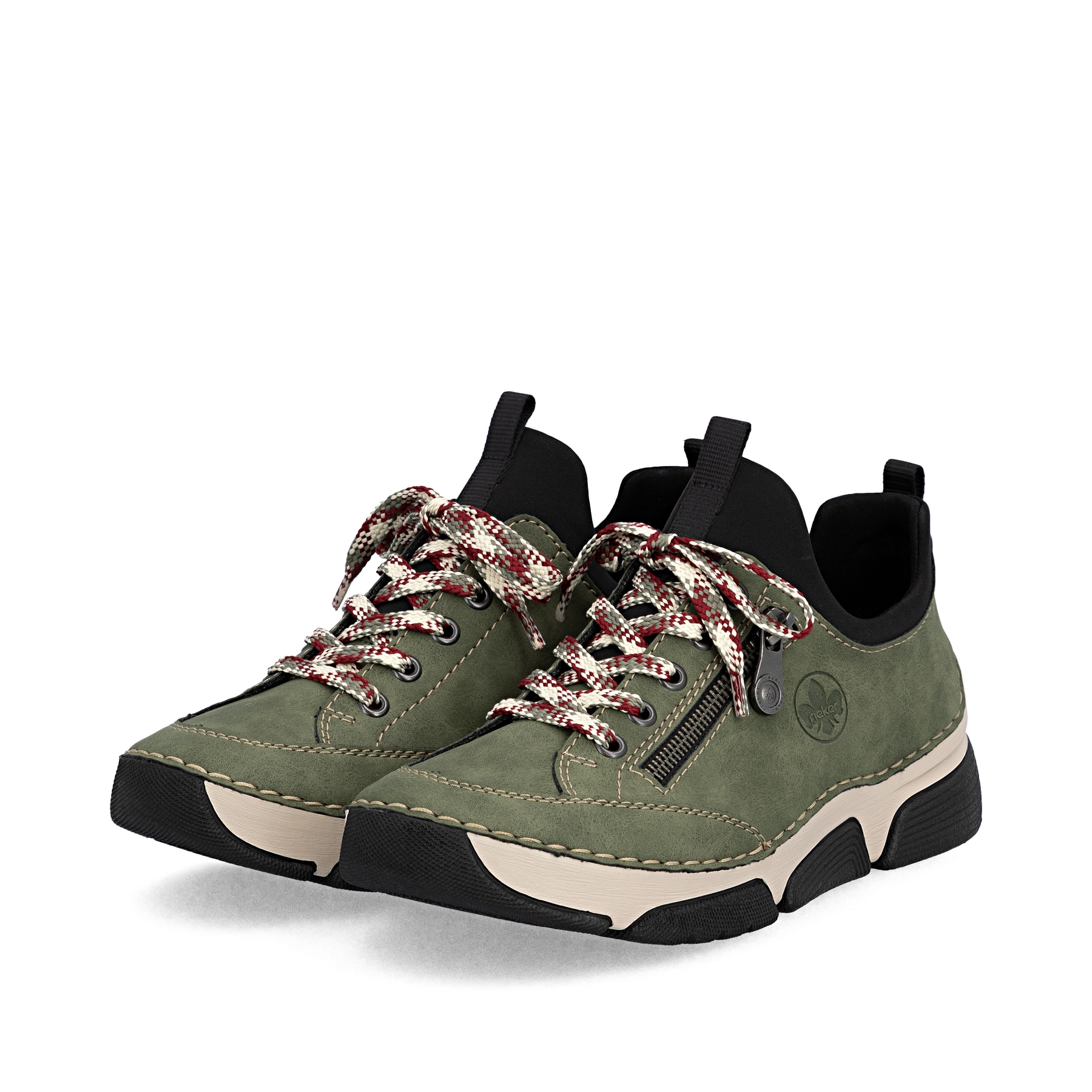 Mocassins Rieker verts pour femme 45973-54 avec bande élastique. Chaussures inclinées sur le côté.