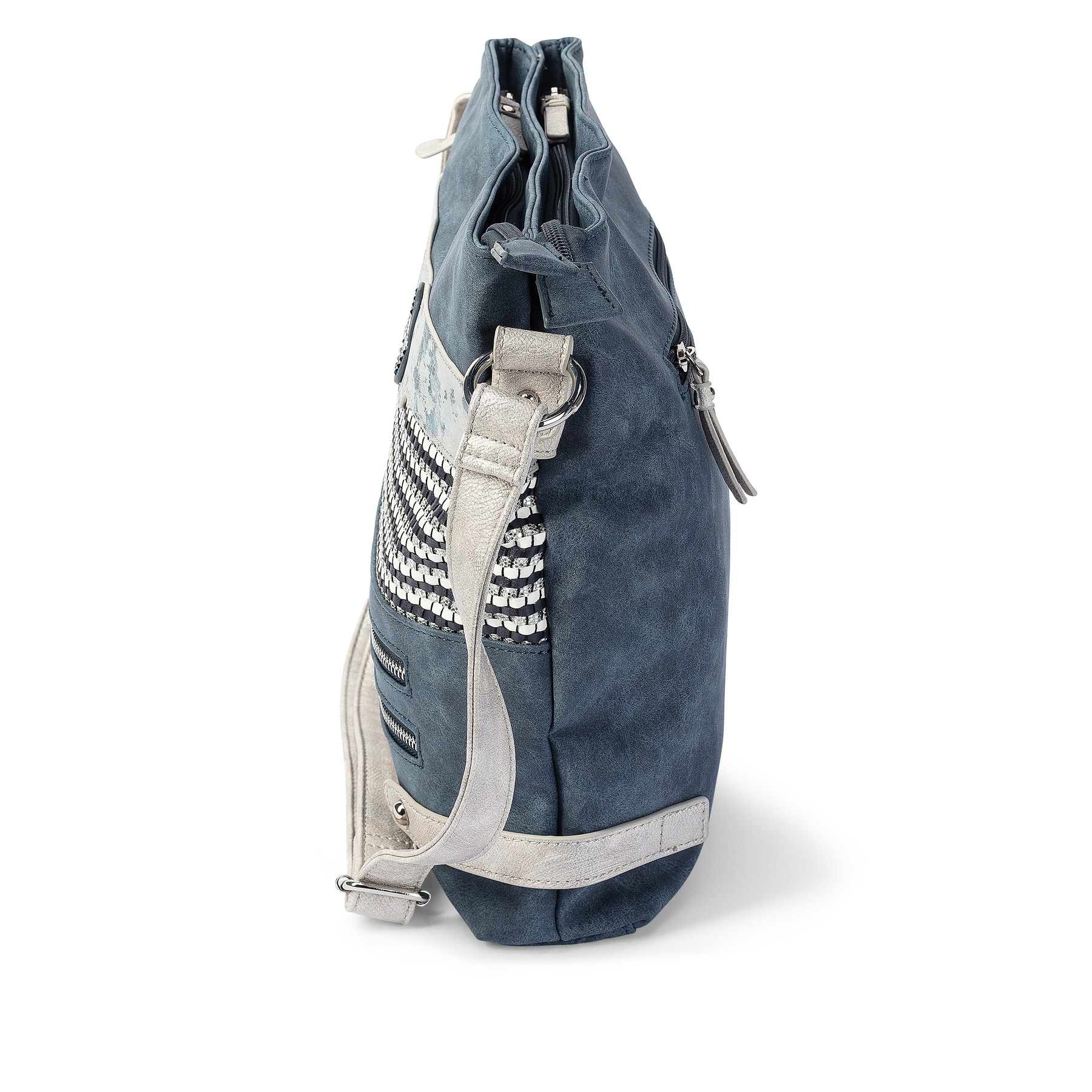 Sac à bandoulière Rieker H1346-16 bleu-combi avec un élément de design grossièrement tressé et trois compartiments intérieurs. Ouvert.