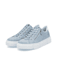 Blaue Rieker Damen Slipper N5952-10 mit einem Reißverschluss. Schuhpaar seitlich schräg.