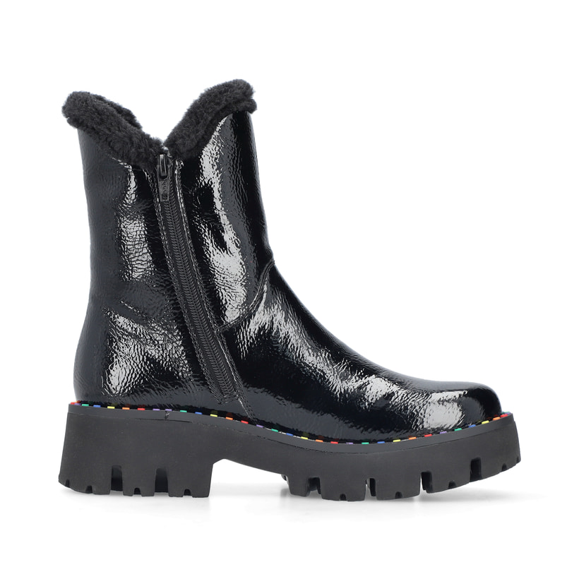 Schwarze Rieker Damen Chelsea Boots Y3350-00 mit einem Reißverschluss. Schuh Innenseite.