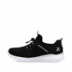Schwarze Rieker Damen Slipper M5065-00 mit Gummizug sowie ultraleichter Sohle. Schuh Außenseite.
