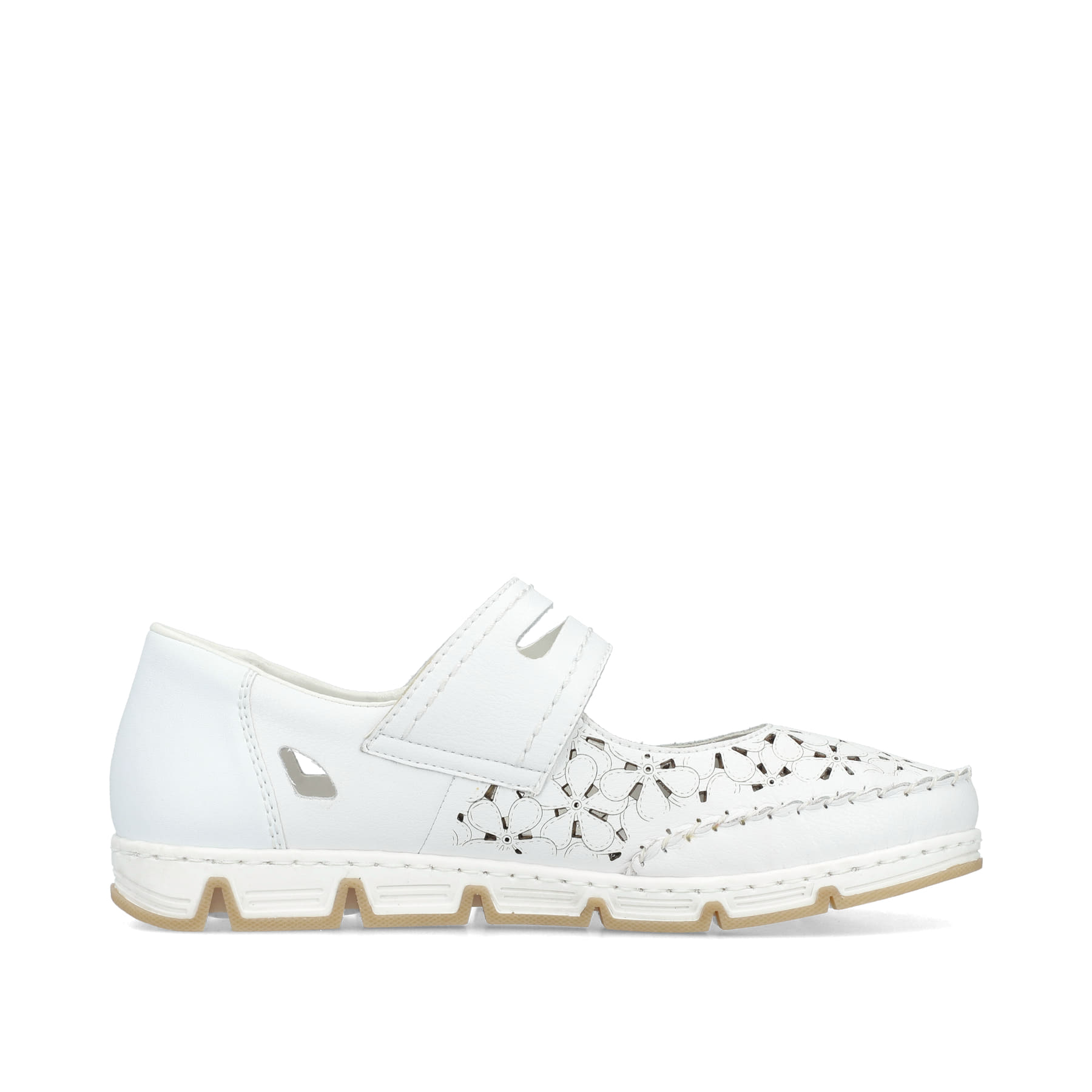 Weiße Rieker Ballerinas 49977-80, Barfußschuhe mit einem Klettverschluss. Schuh Innenseite.