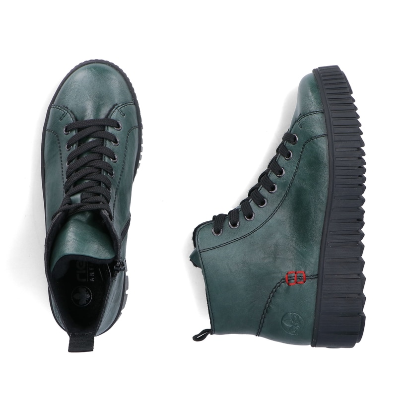 Dunkelgrüne Rieker Damen Kurzstiefel Y6121-54 mit einem Reißverschluss. Schuh von oben, liegend.