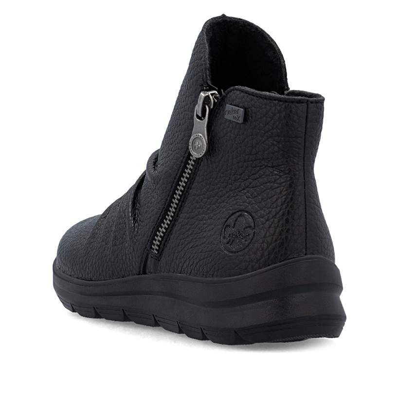 Schwarze Rieker Damen Kurzstiefel Z0056-00 aus Glattleder. Schuh von hinten.