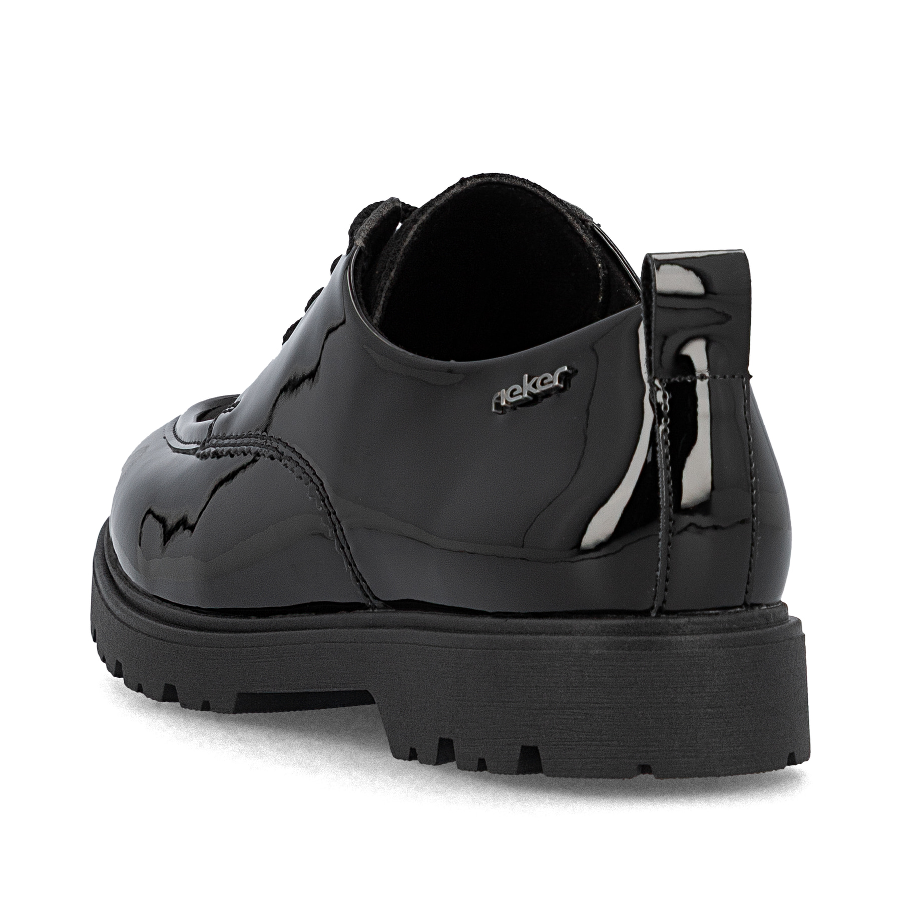 Schwarze Rieker Damen Schnürschuhe 45500-00 mit einer extra weichen Decksohle. Schuh von hinten.