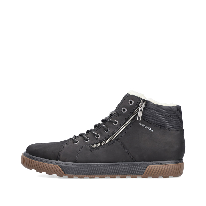 
Asphaltschwarze Rieker Herren Schnürschuhe 18940-00 mit einer robusten Profilsohle. Schuh Außenseite