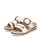 Weiße Rieker Damen Pantoletten 62993-80 mit modischen Flechtelementen. Schuhpaar seitlich schräg.