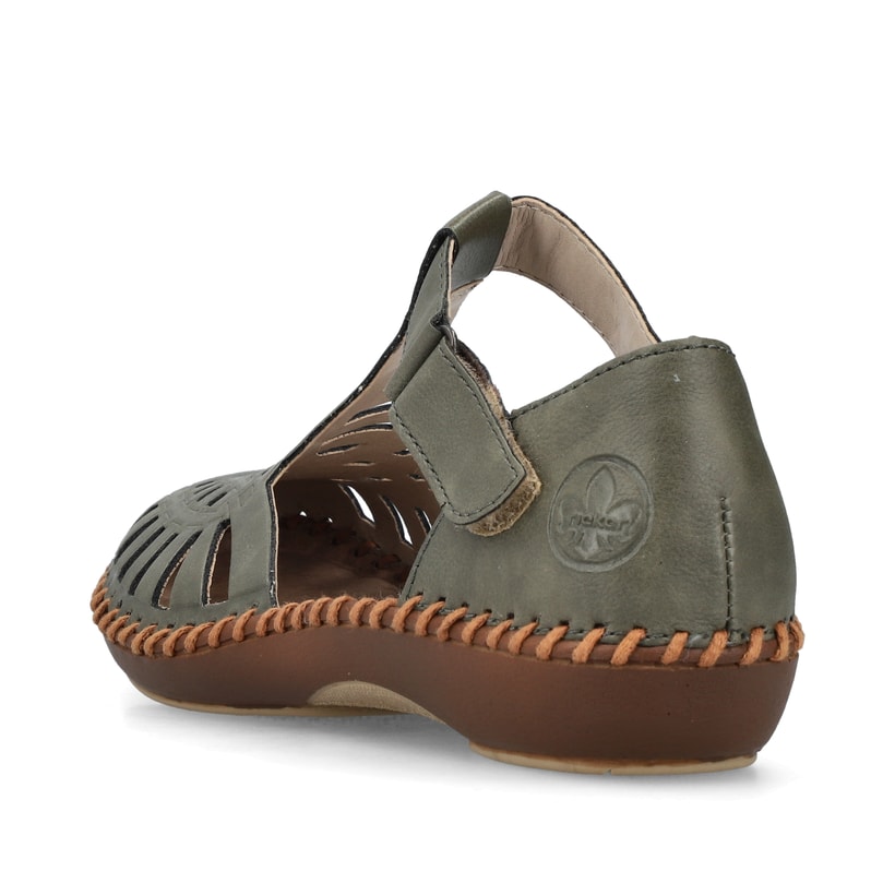 Grüne Rieker Damen Riemchensandalen M1688-54 mit einem Klettverschluss. Schuh von hinten.