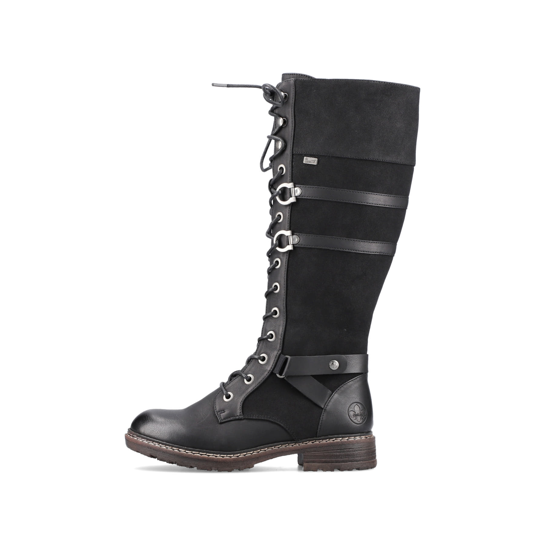 Schwarze Rieker Damen Hochschaftstiefel 94732-00 mit einem Reißverschluss. Schuh Außenseite.