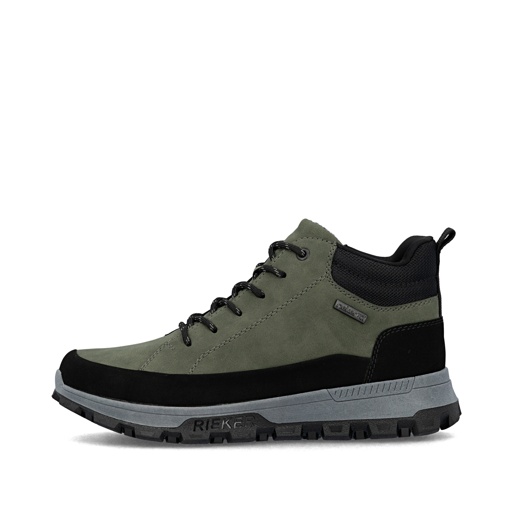 Grüne Rieker Herren Schnürstiefel 35508-54 mit wasserabweisender TEX-Membran. Schuh Außenseite.