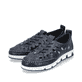 Blaue Rieker Damen Slipper 49956-14, Barfußschuhe mit einem Gummizug. Schuhpaar seitlich schräg.