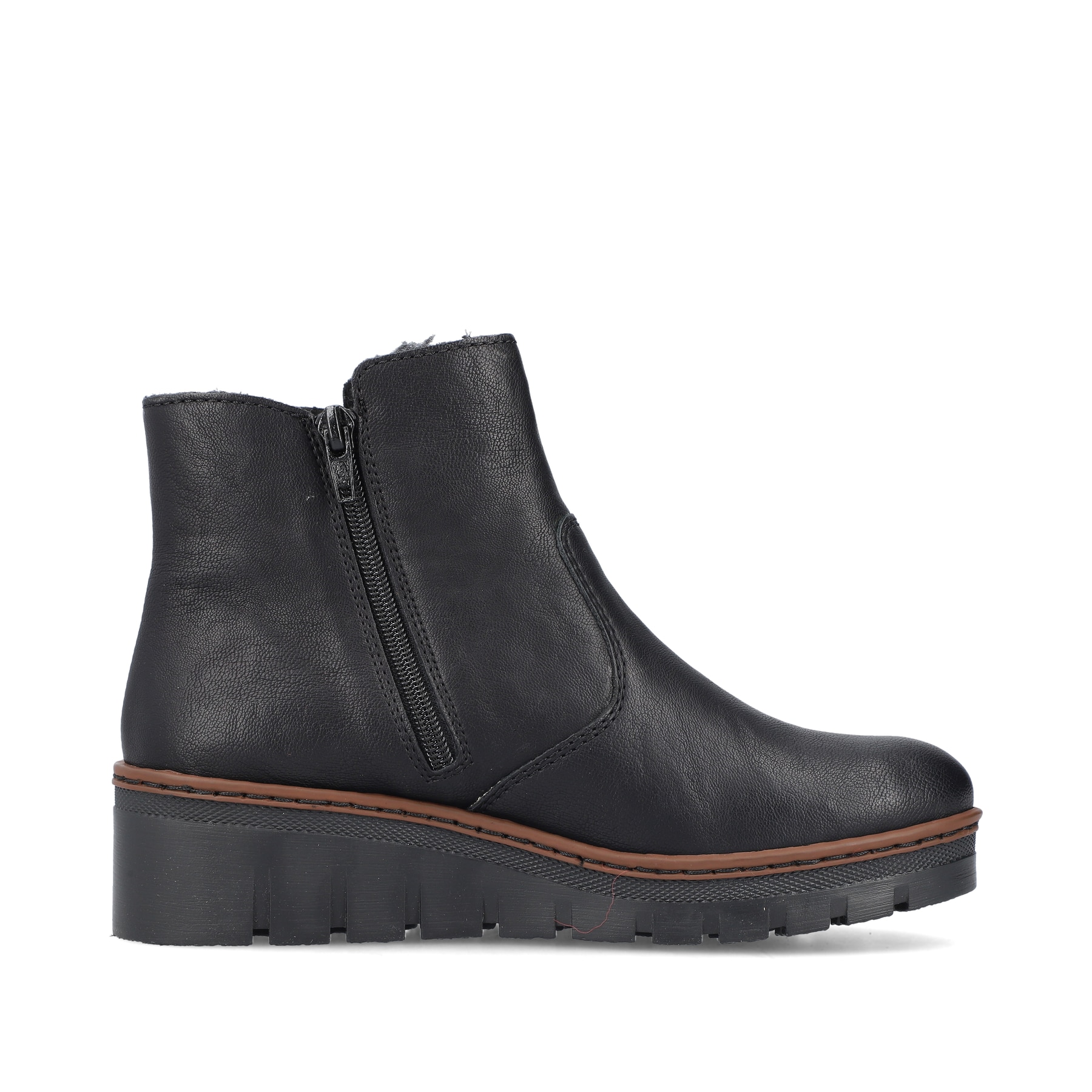 Bottines Rieker noires pour femmes X9165-00 avec fermeture éclair. Côté intérieur de la chaussure.