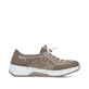 Beige Rieker Damen Slipper 53151-64 mit metallischem Finish sowie einem Gummizug. Schuh Innenseite.