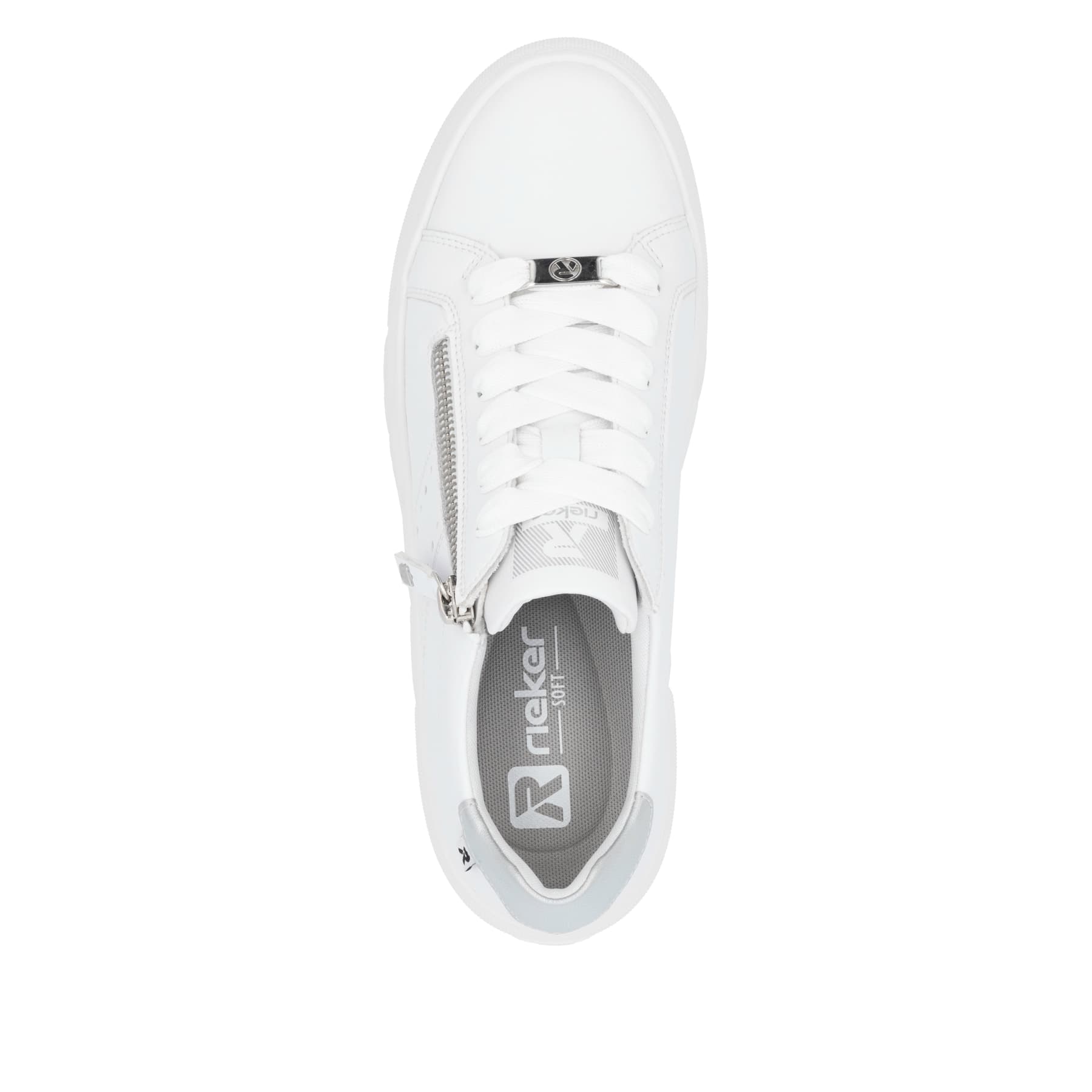 Weiße Rieker Damen Sneaker Low W2605-80 mit einem Reißverschluss. Schuh von oben.