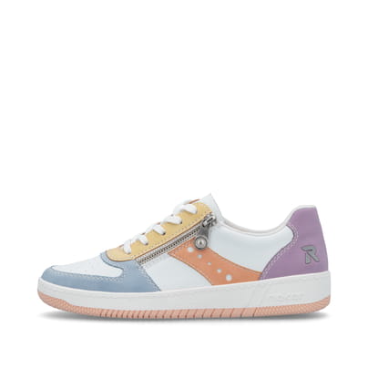 Mehrfarbige vegane Rieker Damen Sneaker Low M5520-91 mit einem Reißverschluss. Schuh Außenseite.