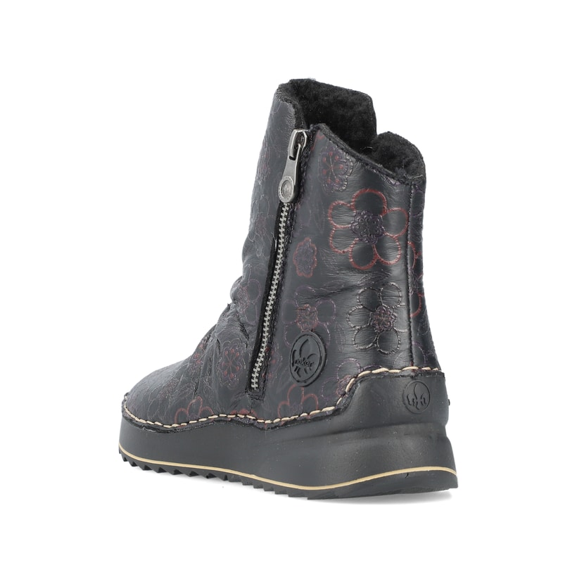 Schwarze Rieker Damen Kurzstiefel 51552-90 mit geraffter Optik. Schuh von hinten.