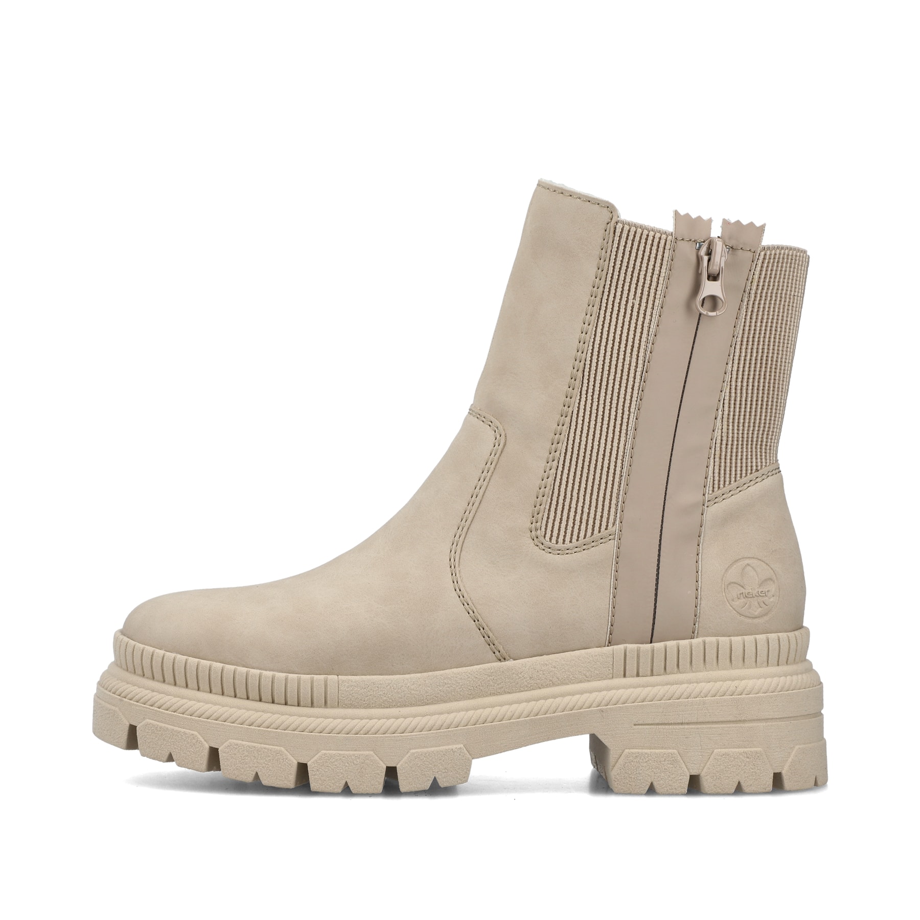 Beige Rieker Damen Chelsea Boots Y9373-62 mit Reißverschluss sowie einer Profilsohle. Schuh Außenseite