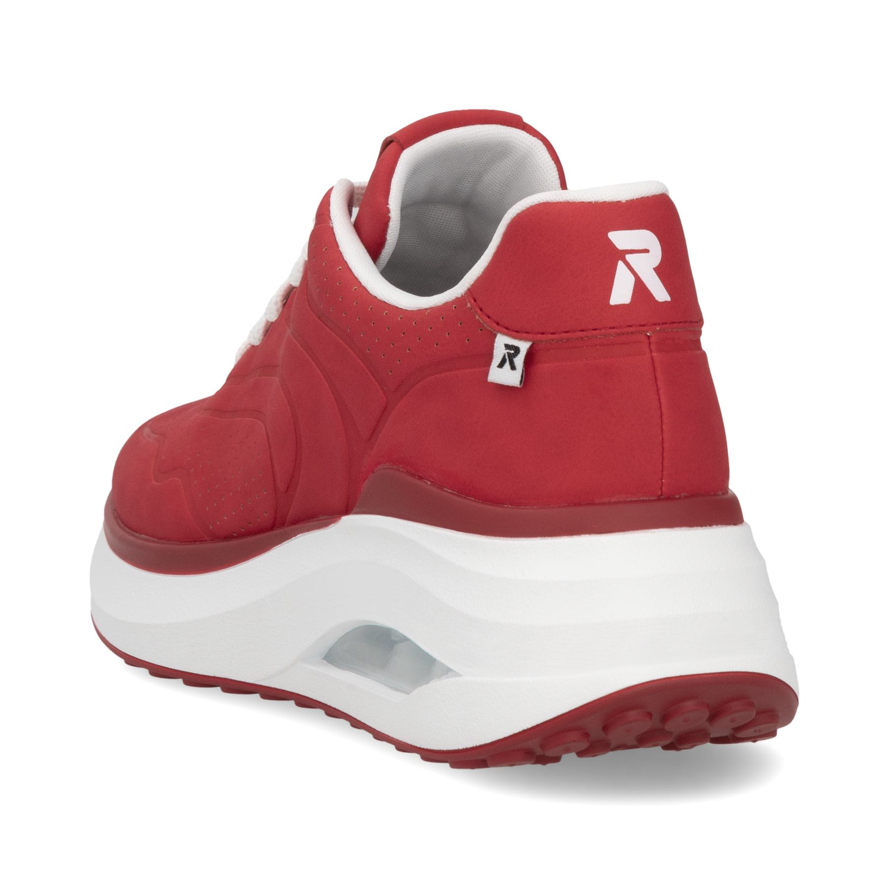 Rote vegane Rieker Damen Sneaker Low W2700-33 mit einer Schnürung. Schuh von hinten.