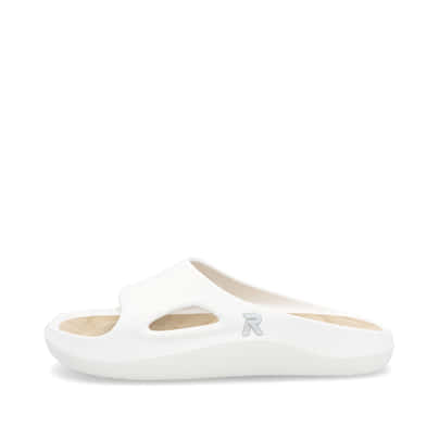 Weiße Rieker Damen Pantoletten W3350-80 mit ultraleichter und flexibler Sohle. Schuh Außenseite.