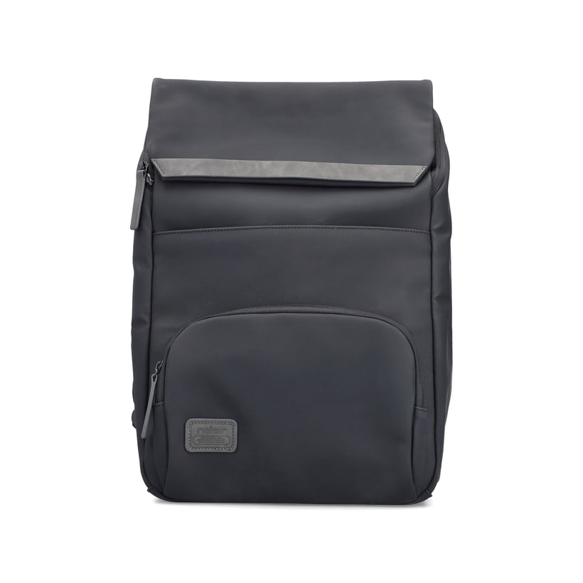 Sac Ã  dos Rieker H5102-01 noir avec rabat Ã  fermeture magnétique, compartiment rembourré pour ordinateur portable et bretelles ajustable. Devant.
