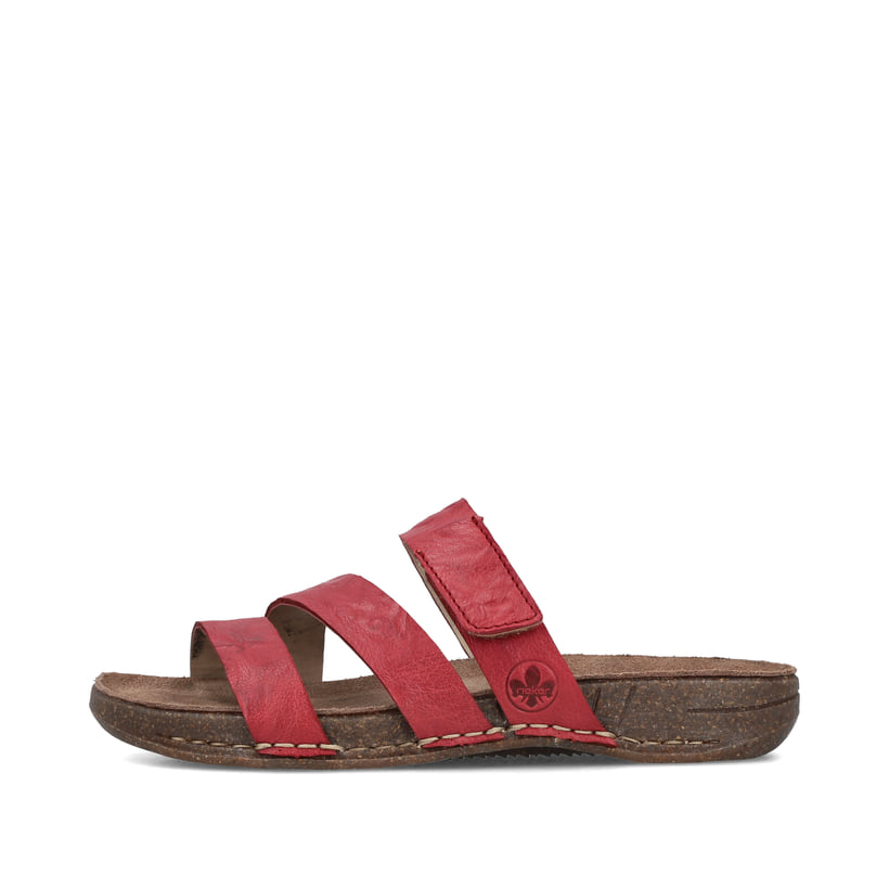 Rote Rieker Damen Pantoletten 61450-33 mit Klettverschluss sowie griffiger Sohle. Schuh Außenseite.