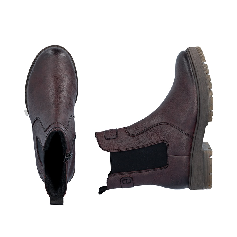 Dunkelrote Rieker Damen Chelsea Boots 75860-35 aus Glattleder mit Reißverschluss. Schuh von oben, liegend.