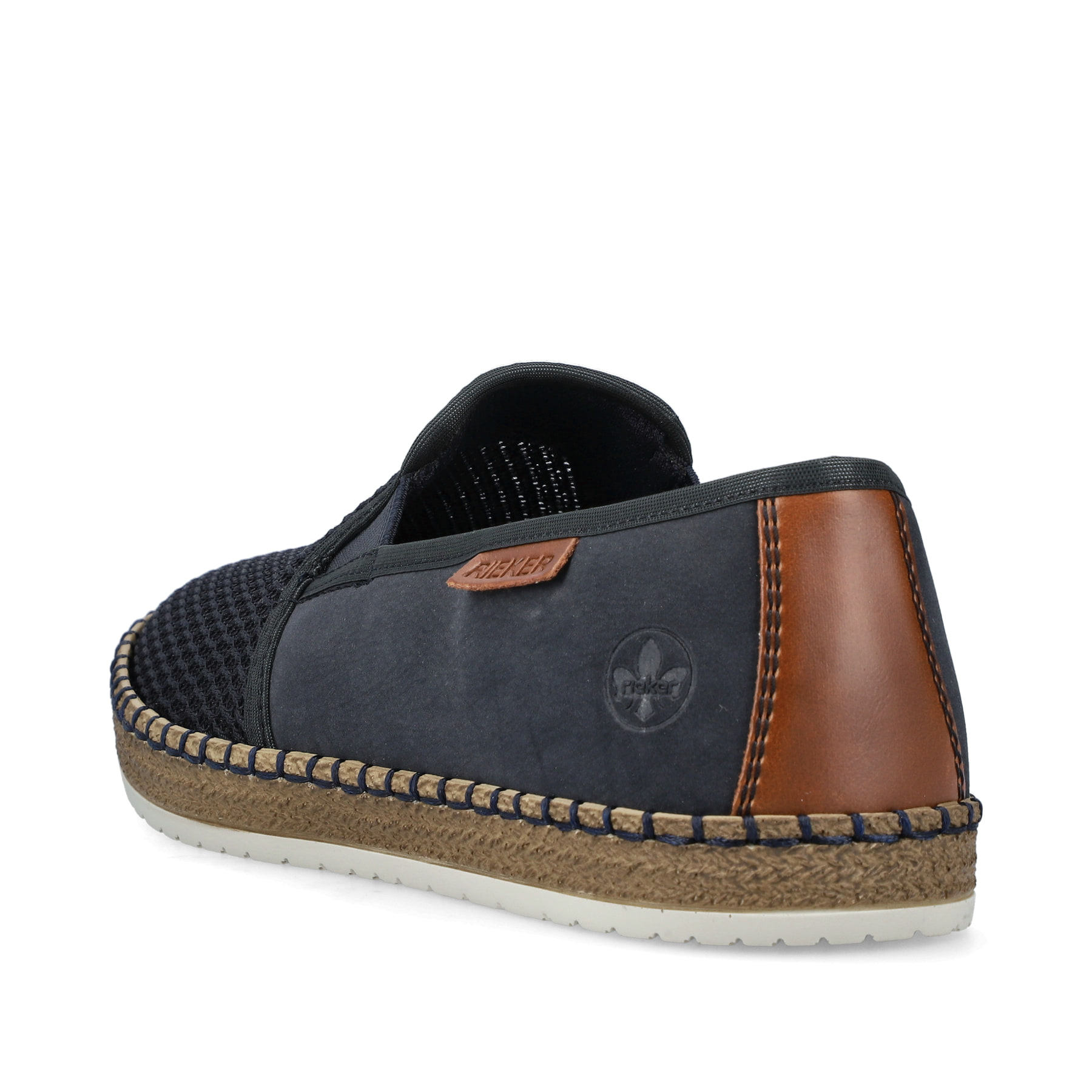 Blaue Rieker Herren Slipper B5265-14 mit einem Gummizug sowie Komfortweite G 1/2. Schuh von hinten.