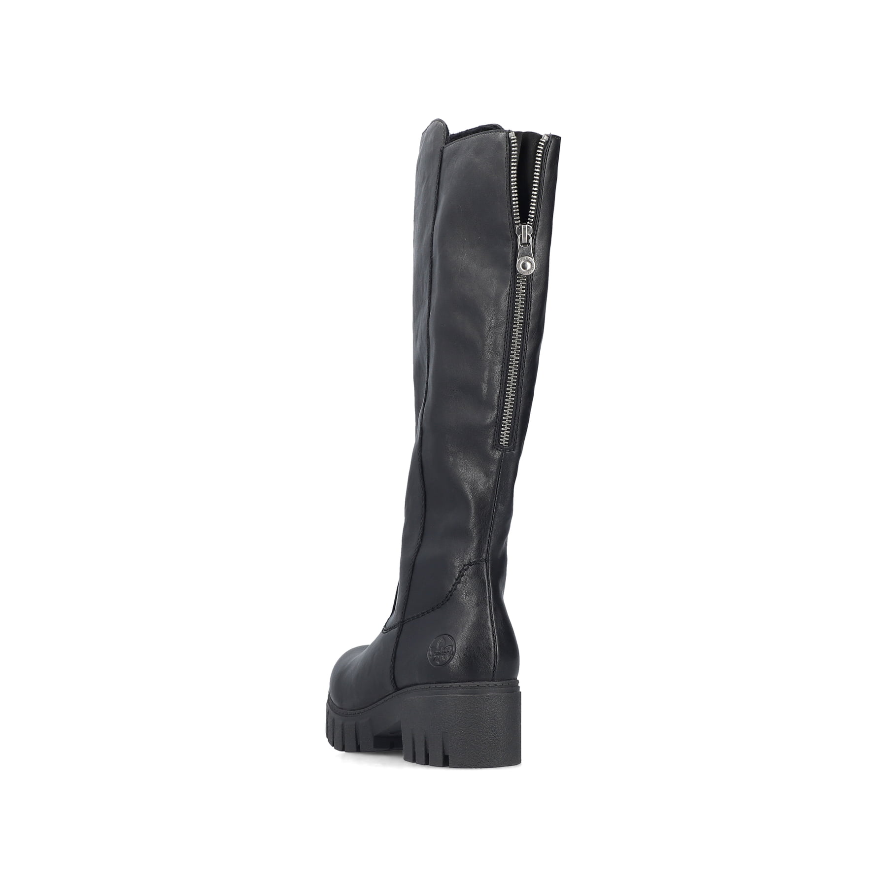 Schwarze Rieker Damen Hochschaftstiefel 74597-00 mit einem Reißverschluss. Schuh von hinten.