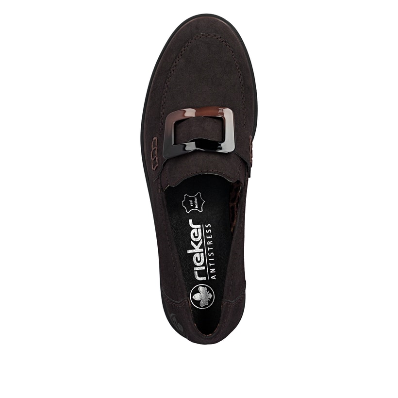 Dunkelbraune Rieker Damen Loafer 45553-25 mit Schmuckelementen sowie Gummizug. Schuh von oben.