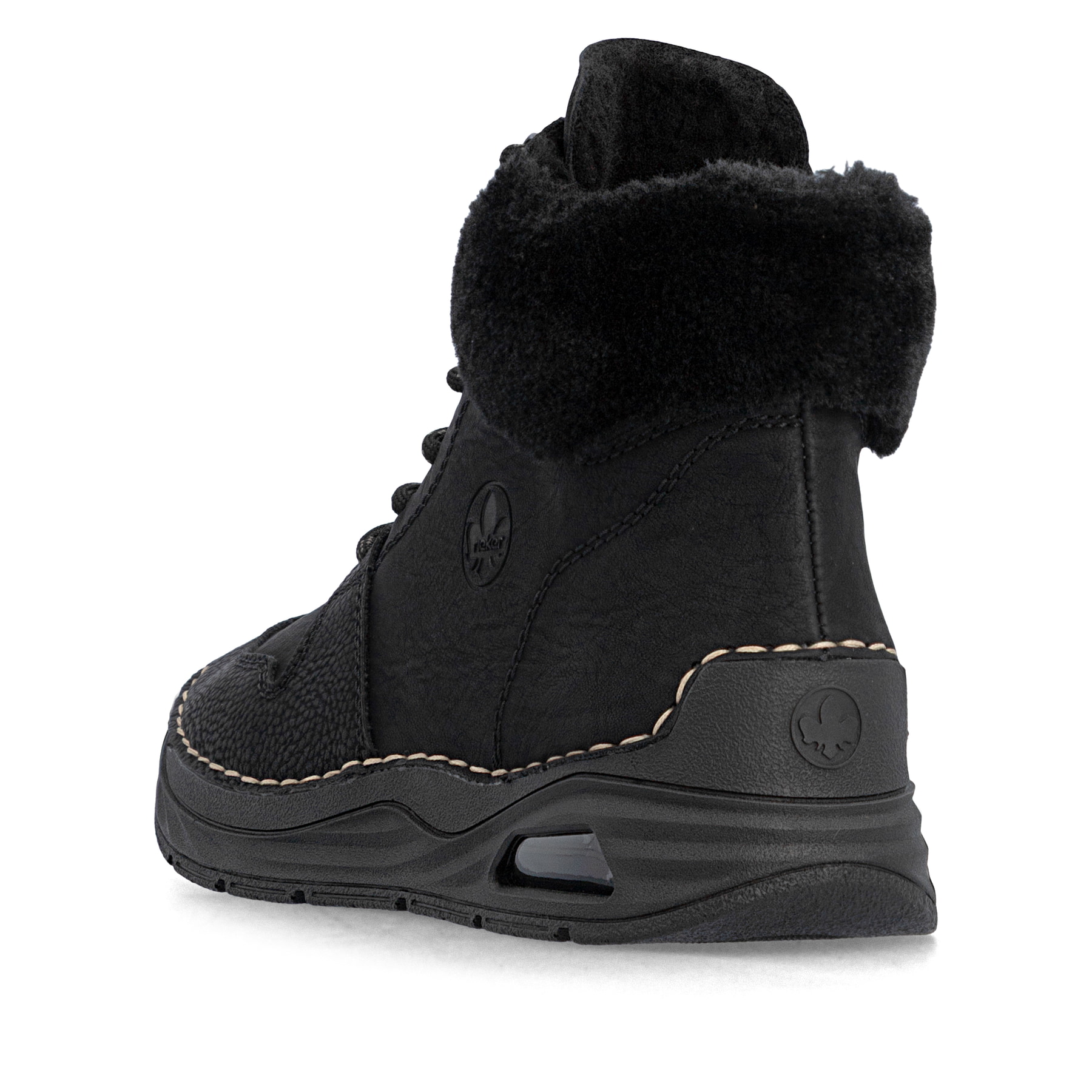 Schwarze Rieker Damen Schnürstiefel 44555-00 mit Rieker Air Sohlenfenster. Schuh von oben.