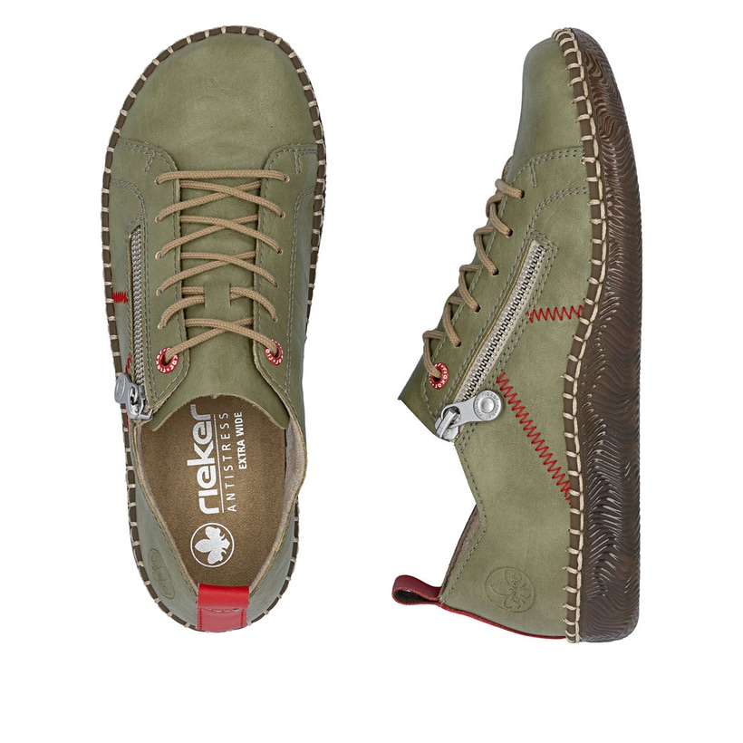 Grüne Rieker Damen Schnürschuhe N2401-54 mit modernen Ziernähten. Schuh von oben, liegend.