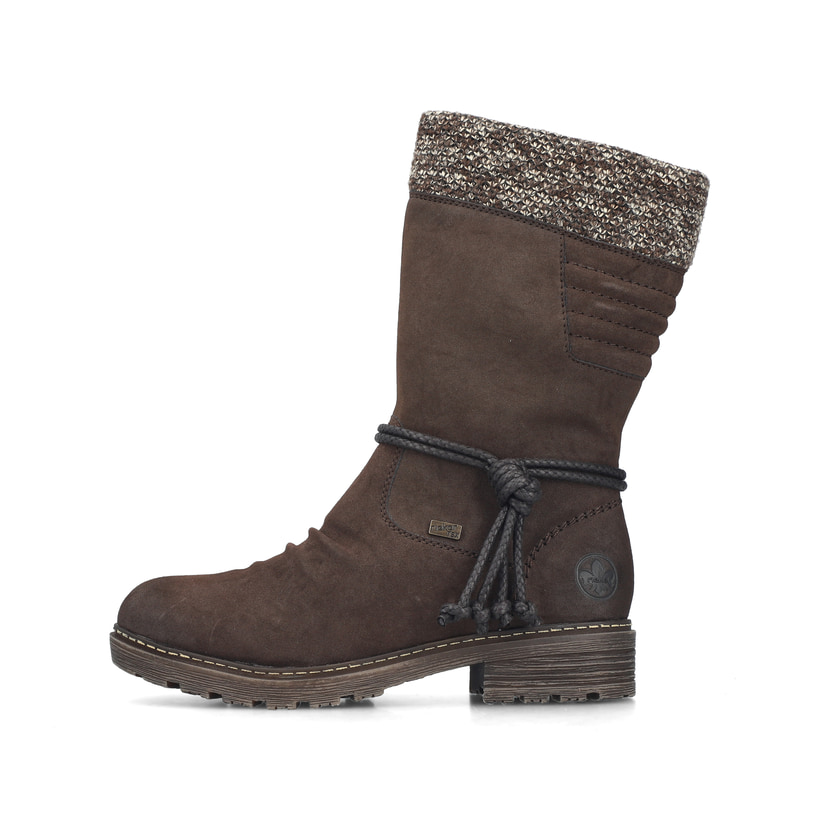 Dunkelbraune Rieker Damen Hochschaftstiefel Z4755-25 mit Strick-Kragen. Schuh Außenseite.