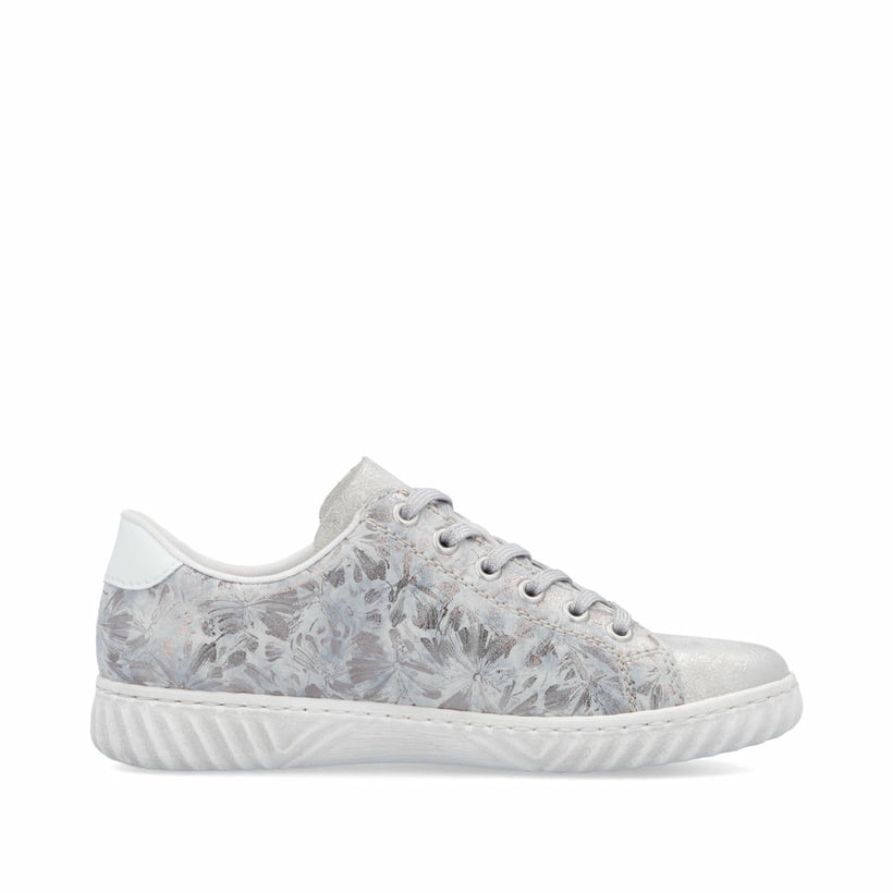 Baskets basses Rieker argent pour femme N0900-90 avec motif floral. Côté intérieur de la chaussure.
