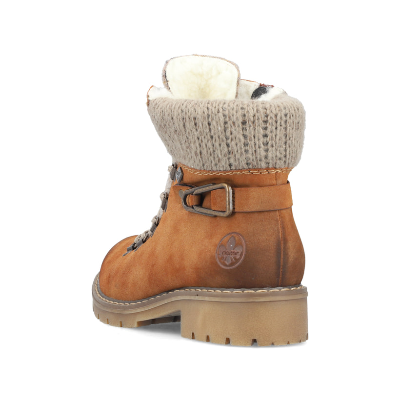 Braune Rieker Damen Schnürstiefel Y9131-24 mit wasserabweisender TEX-Membran. Schuh von hinten.