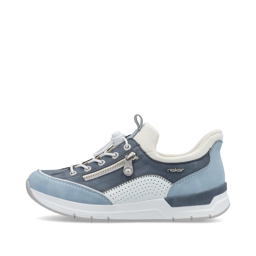 Blaue Rieker Damen Slipper 58962-10 mit easy Hineinschlüpf-Möglichkeit. Schuh Außenseite.