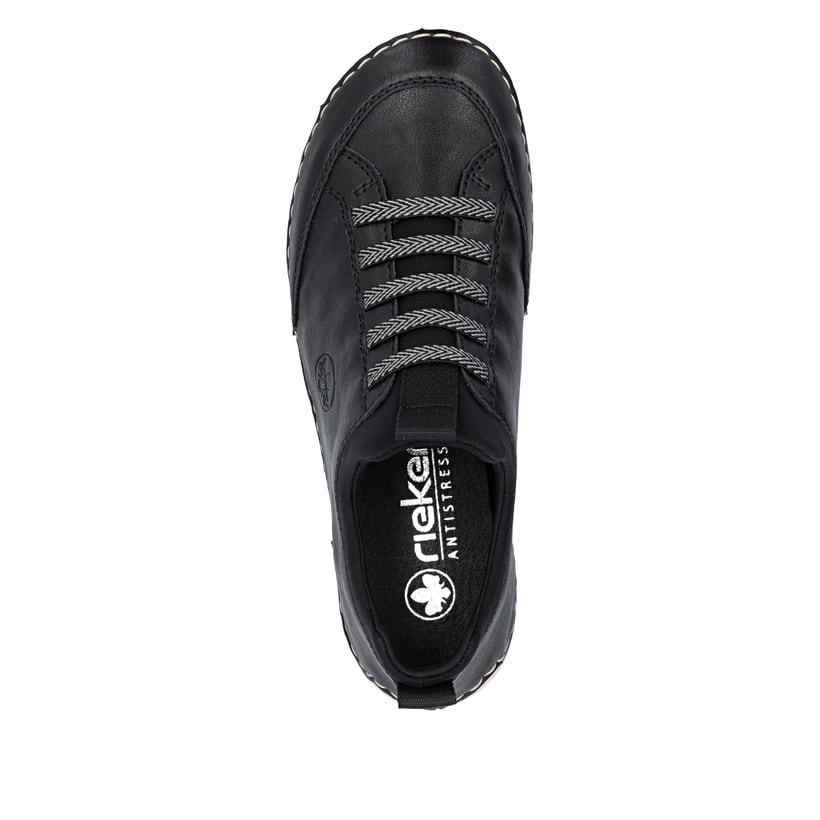 Schwarze Rieker Damen Slipper 55952-00 mit einem Gummizug. Schuh von oben.