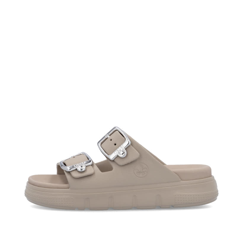 Beige Rieker Damen Pantoletten P2180-60 mit Schnallen sowie ultraleichter Sohle. Schuh Außenseite.