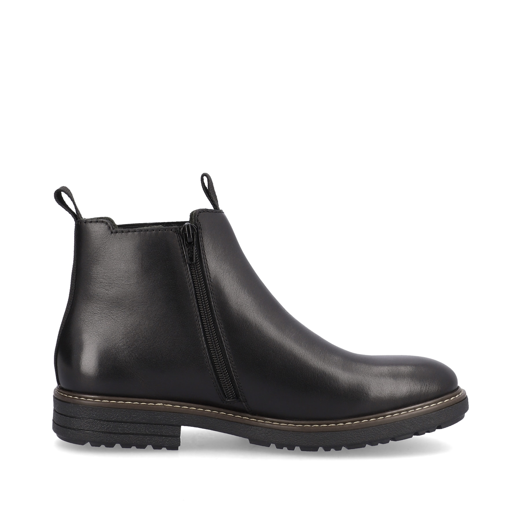 Stahlschwarze Rieker Herren Chelsea Boots 33180-00 mit einem Reißverschluss. Schuh von hinten.