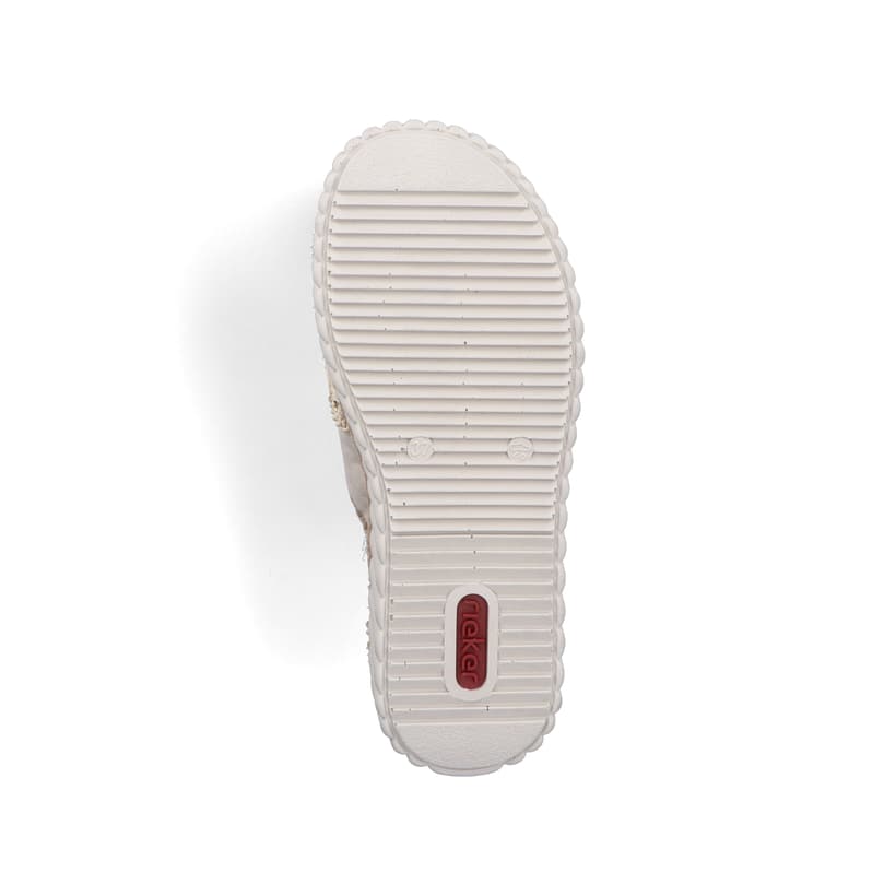 Beige Rieker Damen Pantoletten 69278-60 mit Schmuckelementen sowie Extraweite H. Schuh Laufsohle.