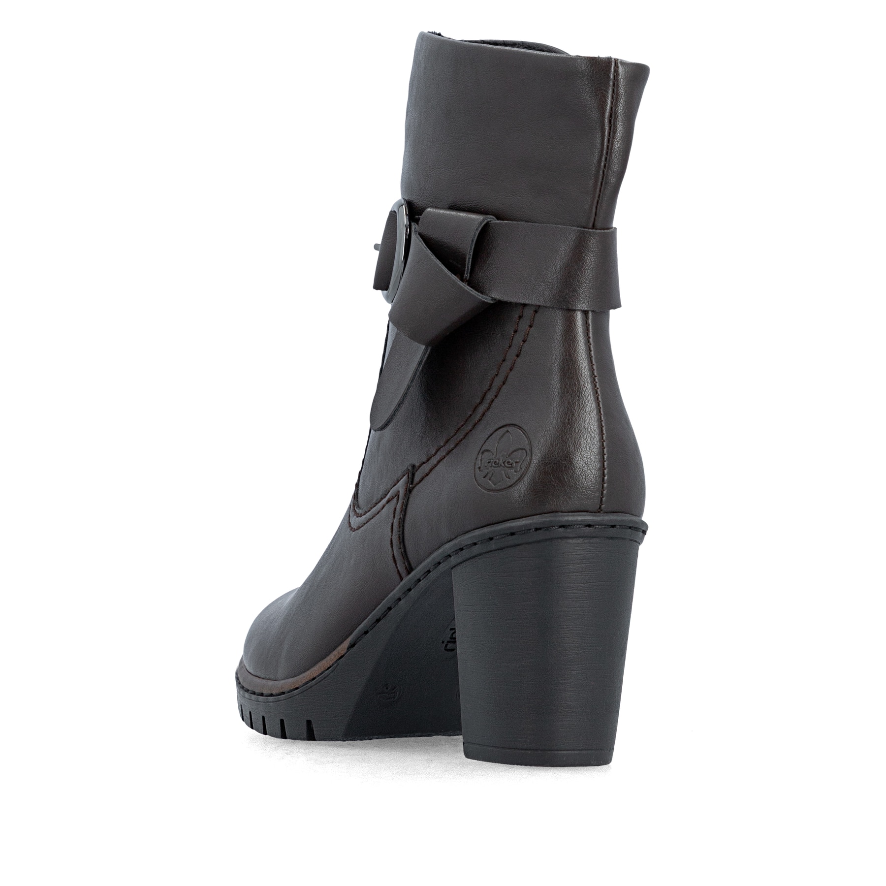 Dunkelbraune Rieker Damen Stiefeletten Y2590-25 mit einem Reißverschluss. Schuh von hinten.