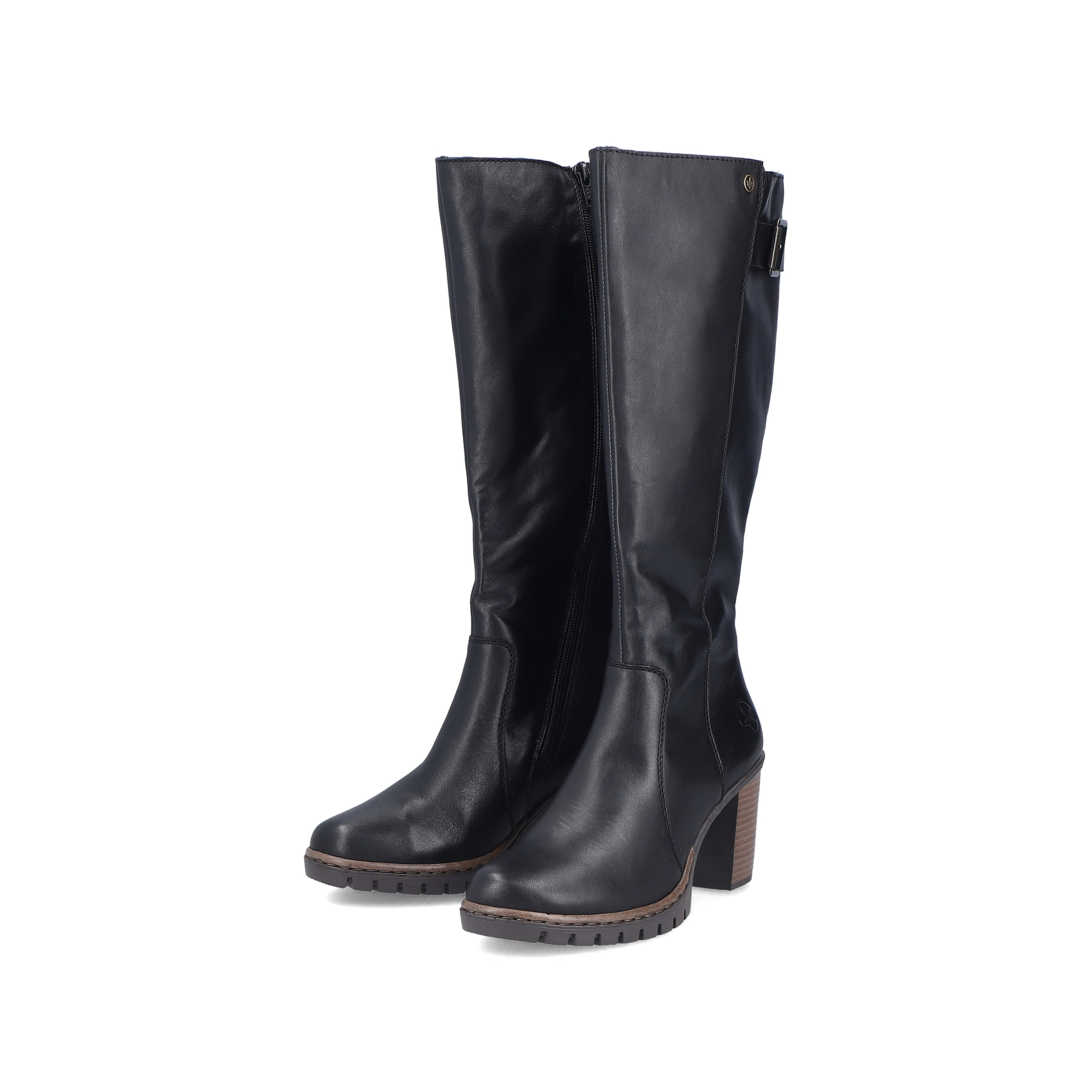 Schwarze Rieker Damen Hochschaftstiefel Y2581-00 aus Glattleder. Schuhpaar seitlich schräg.