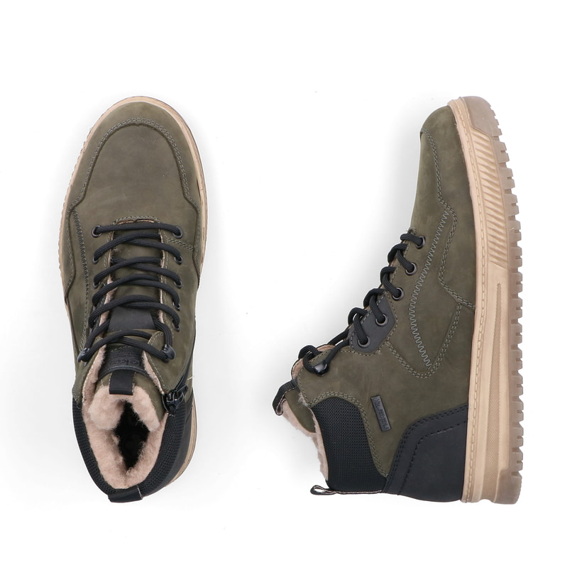 Grüne Rieker Herren Schnürstiefel 38554-55 aus Rauleder. Schuh von oben, liegend.