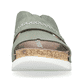 Grüngraue Rieker Damen Pantoletten 64469-52 mit groben Ziernähten. Schuh von vorne.