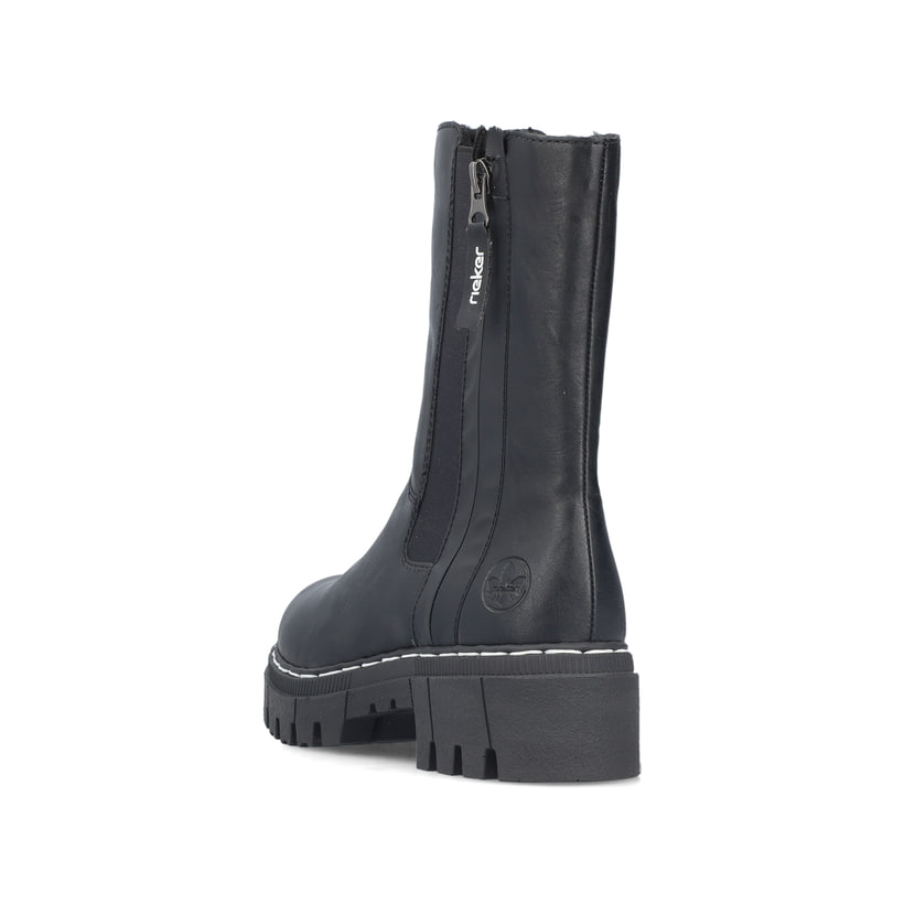 Schwarze Rieker Damen Chelsea Boots 74083-00 mit einem Reißverschluss. Schuh von hinten.