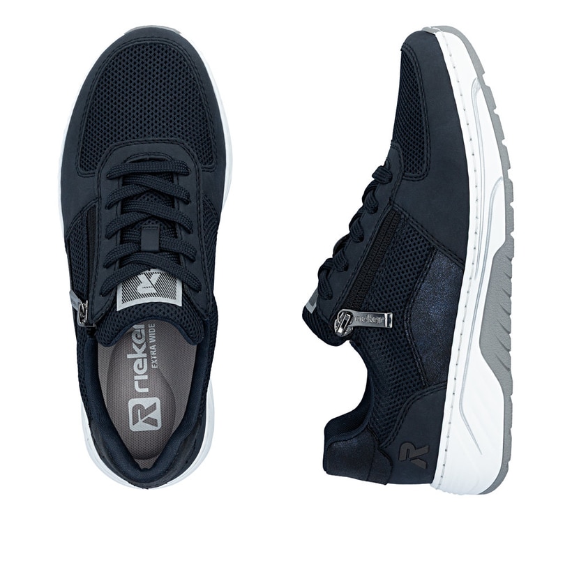 Blaue Rieker Damen Sneaker Low 53101-14 mit Reißverschluss sowie Extraweite H. Schuh von oben, liegend.