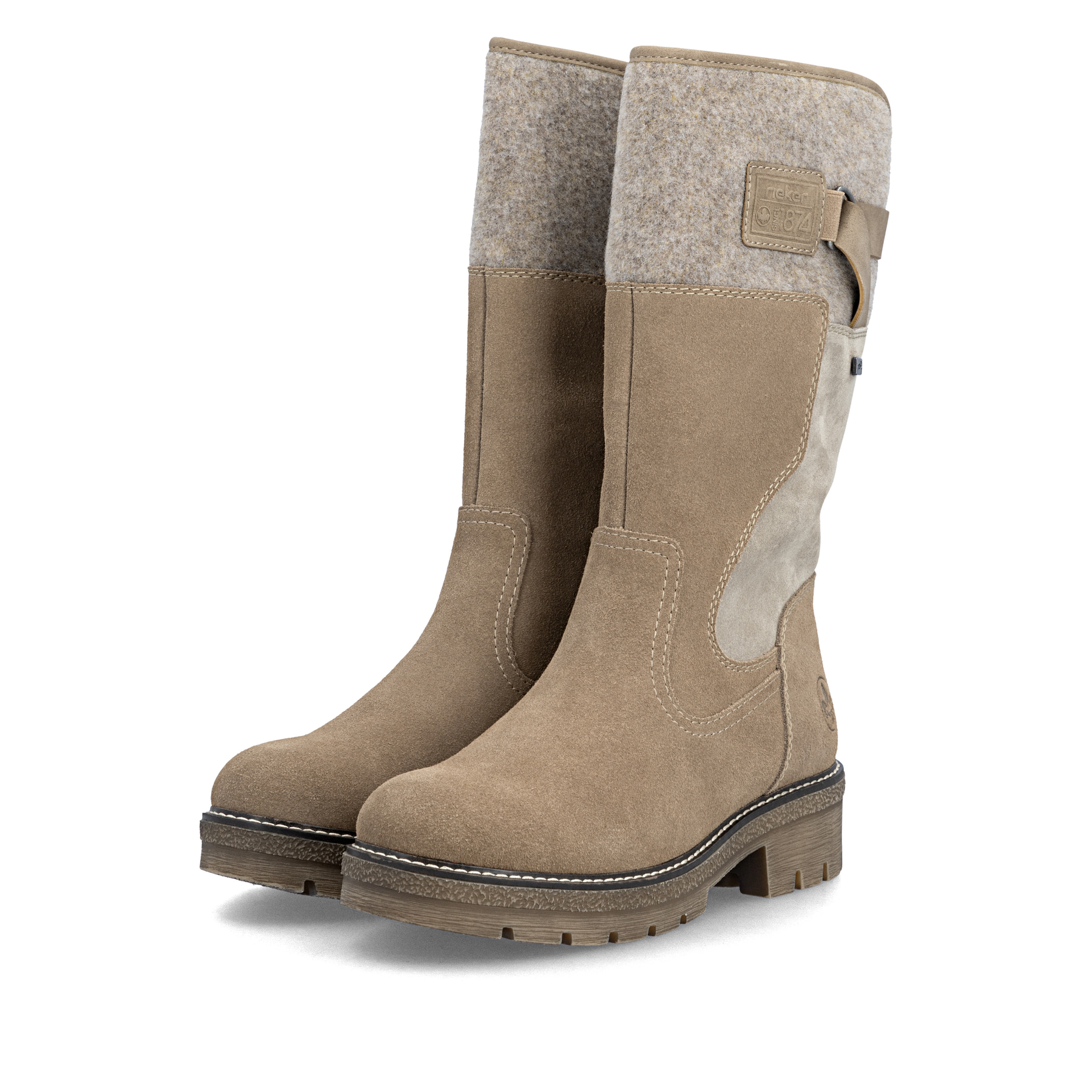 Beige Rieker Damen Hochschaftstiefel Y8153-64 aus Rauleder. Schuhpaar seitlich schräg.
