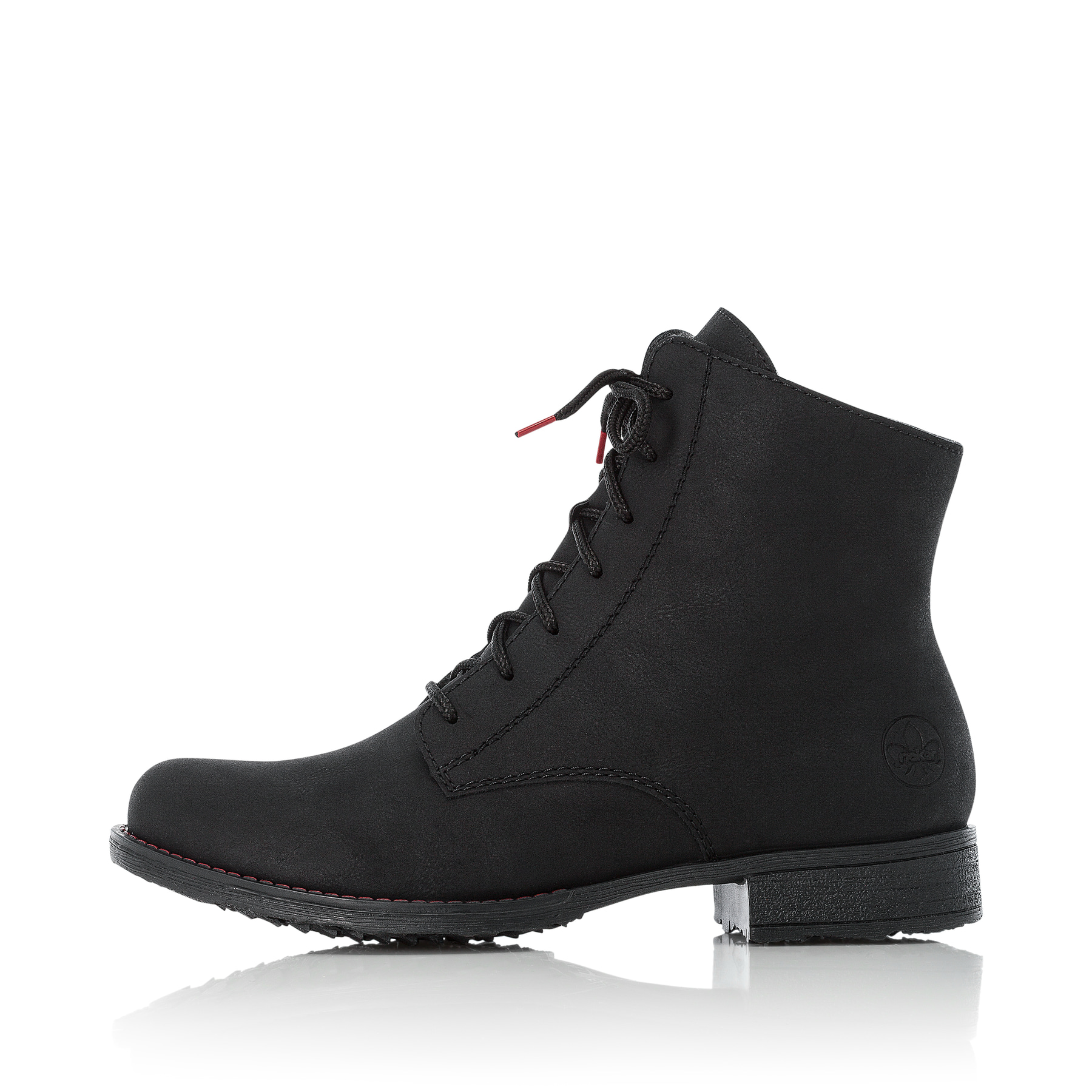 Graphitschwarze Rieker Damen Schnürstiefel 70821-00 mit Schnürung und Reißverschluss. Schuh Außenseite