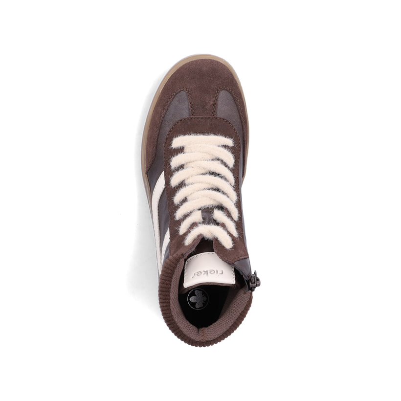 Braun-weiße Rieker Damen Sneaker High L2530-25 mit flauschigen Schnürsenkeln. Schuh von oben.