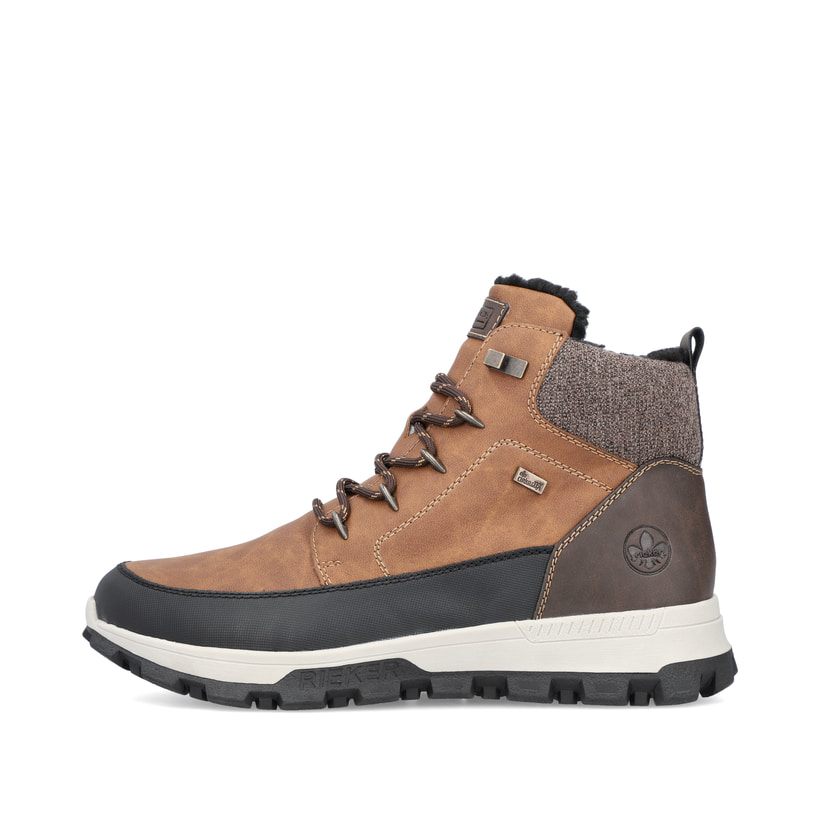 
Karamellbraune Rieker Herren Schnürstiefel 35540-24 mit einer leichten Profilsohle. Schuh Außenseite